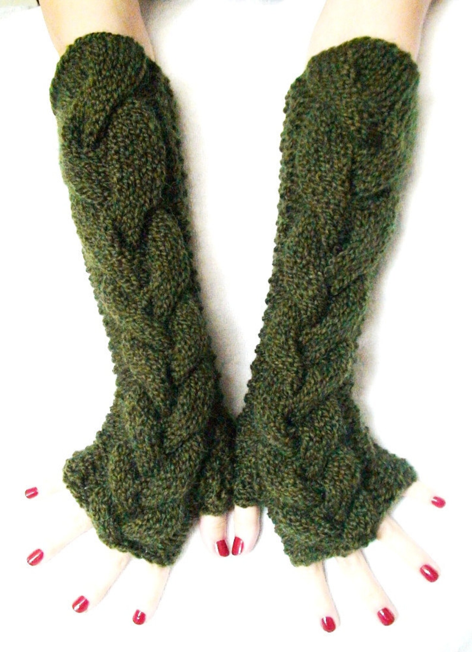 Fingerless Gloves Elbow Length Arm Warmers Dark Green Forest Etsy
