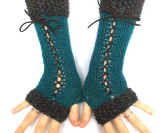 Teal Fingerless Gloves Corset Arm Warmers Victorian Style Women Winter Accessory Blue Green