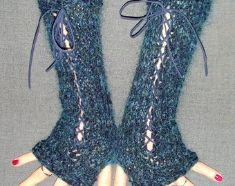 Fingerless Gloves Knit Woolen Corset Wrist Warmers in Dark Blue/ Navy/ Ocean with Leather Ribbons Victorian Style