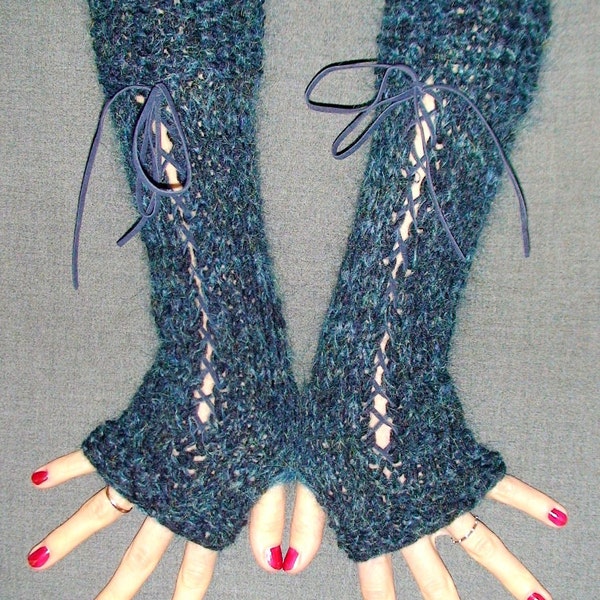 Fingerless Gloves Knit Woolen Corset Wrist Warmers in Dark Blue/ Navy/ Ocean with Leather Ribbons Victorian Style