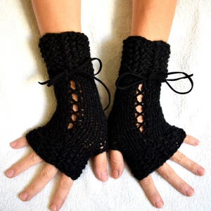 Black Hand Knit Fingerless Corset Gloves Wrist Warmers  Women Accessory Victorian Style