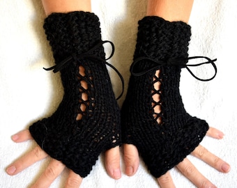 Black Hand Knit Fingerless Corset Gloves Wrist Warmers  Women Accessory Victorian Style
