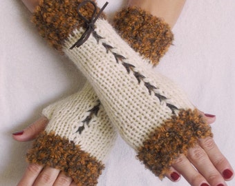 Fingerless Gloves Corset Wrist Warmers in Cream with Suede  Ribbons and Brown Tones Boucle Edges