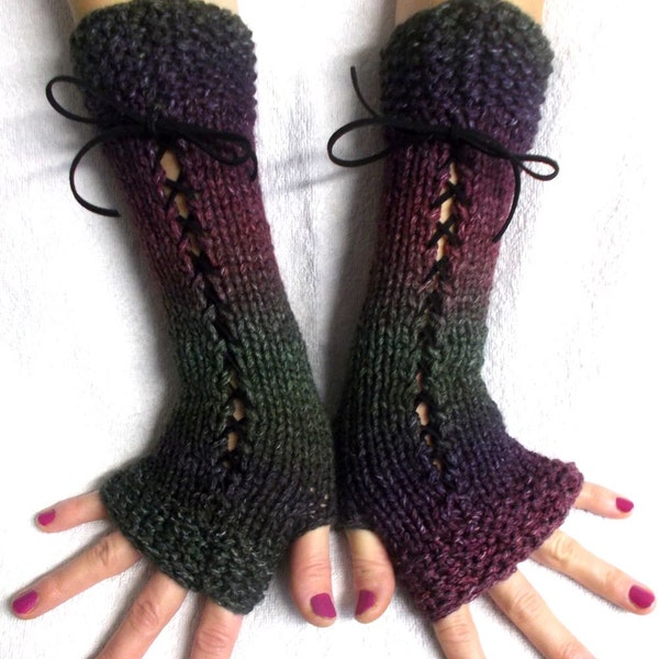Gants sans doigts long tricoté à la main vert violet violet nuances Corset manchettes panaché pour femmes Style victorien acrylique
