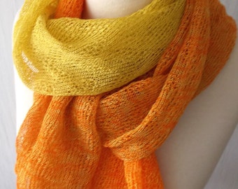 Linen Scarf Knit Linen Shawl  Natural Summer Wrap in Yellow Orange for Women