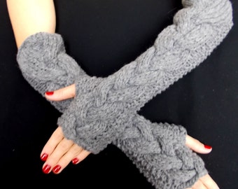 Fingerless Gloves Long Arm Warmers Grey Chunky  Elbow Length