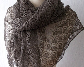 Linen Scarf Lace Shawl Knitted Natural Summer Wrap in Earth Brown Women Accessory
