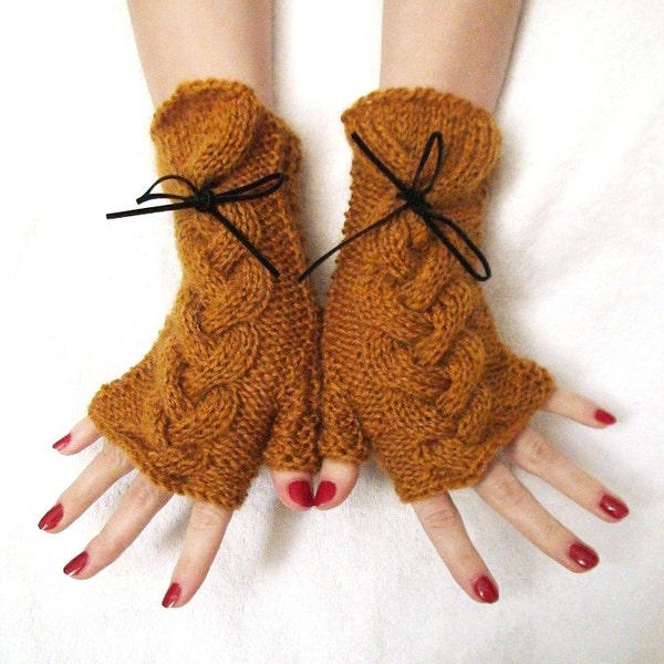 Reserved for Heather Fingerless Gloves Brown Wrist Warmers Honey Brown Extra Soft  Cabled