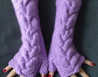 Fingerless Gloves Lavender Lilac Cabled  Arm Warmers, Extra Long Thick and Soft