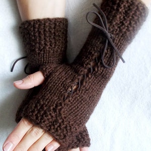 Knit Fingerless Corset  Gloves Wrist Warmers in Dark Brown  with Suede Ribbons Victorian Style