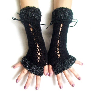 Fingerless Gloves Corset Wrist Warmers in Black with Suede Ribbons and Dark Grey Boucle Edges Victorian Style image 1