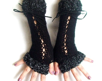 Fingerless Gloves Corset Wrist Warmers in Black with Suede Ribbons and Dark Grey Boucle Edges Victorian Style