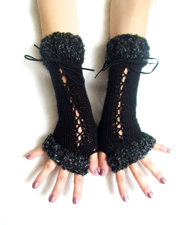 Fingerless Gloves Corset Wrist Warmers in Black with Suede Ribbons and Dark Grey Boucle Edges Victorian Style image 1