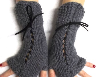 Grey Fingerless Gloves Corset Wrist Warmers for Women with Suede Ribbons