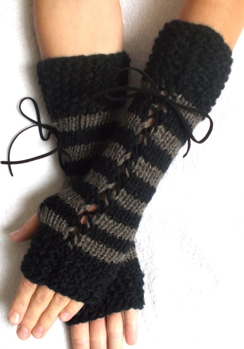 Fingerless Gloves Women Long Corset Wrist Warmers Black Taupe Brown with Suede Ribbons Victorian Style Hand Knit image 2