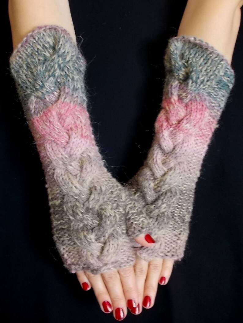 Fingerless Gloves Cabled Warm Arm Warmers Salmon Pink Light Brown Violet Grey Handknitted image 4