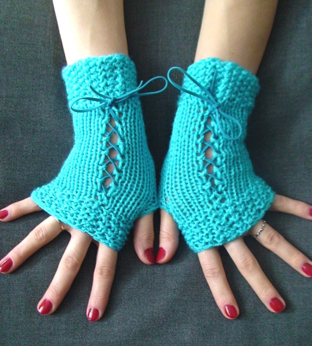 Fingerless Gloves Corset Wrist Warmers Handknit in Turquoise - Etsy