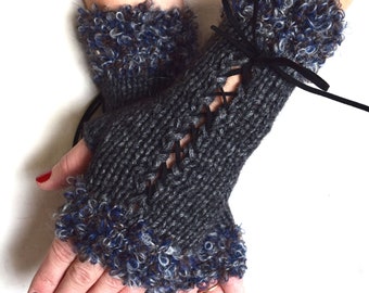 Grey Fingerless Gloves Hand Knit Women Corset Wrist  Warmers