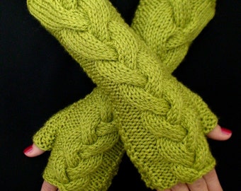 Popular Right Now Fingerless Gloves Long Asparagus Light Green Lime Chartreuse Cabled Wrist Warmers Extra and Soft