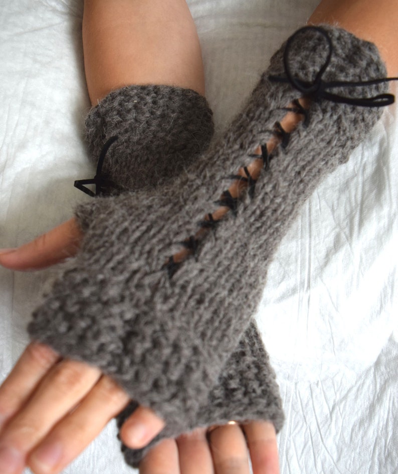 Popular right now Knit Fingerless Gloves Wrist Warmers Taupe/ Greyish Brown Corset with Suede Ribbons Victorian Style image 1