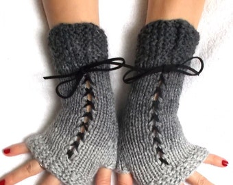 Fingerless Gloves Grey Shades Handknitted Corset  Wrist Warmers for Women Victorian Style