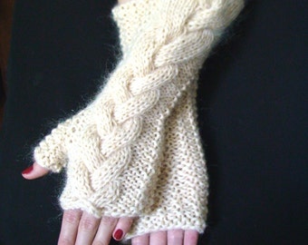 Fingerless Gloves Long Cream Cabled Extra Warm Wool Mohair Acrylic