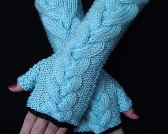 Fingerless Gloves Long Wrist Warmers Light Blue Soft Cabled with Black Edges