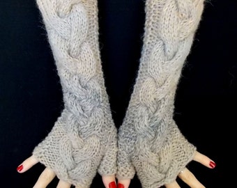 Fingerless Gloves Wrist Warmers Light Brown Grey Cabled