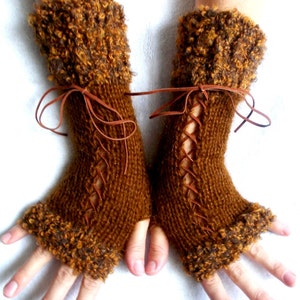 Knit Angora Mohair Fingerless Gloves Corset  Arm Warmers in Amber Brown Tones