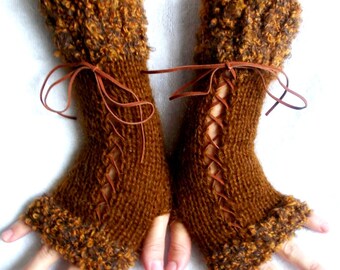 Knit Angora Mohair Fingerless Gloves Corset  Arm Warmers in Amber Brown Tones