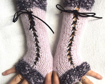 Women Fingerless Gloves Long Corset Arm Warmers Handknit in Grey Violet Pale Pink Victorian Style with lurex