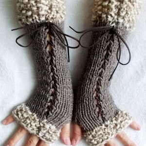 Knit Fingerless Gloves Long Wrist Warmers Taupe/ Brown Corset with Suede Ribbons Victorian Style image 1