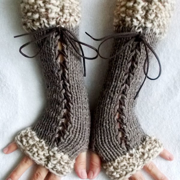 Knit Fingerless Gloves Long Wrist Warmers Taupe/ Brown Corset  with Suede Ribbons Victorian Style
