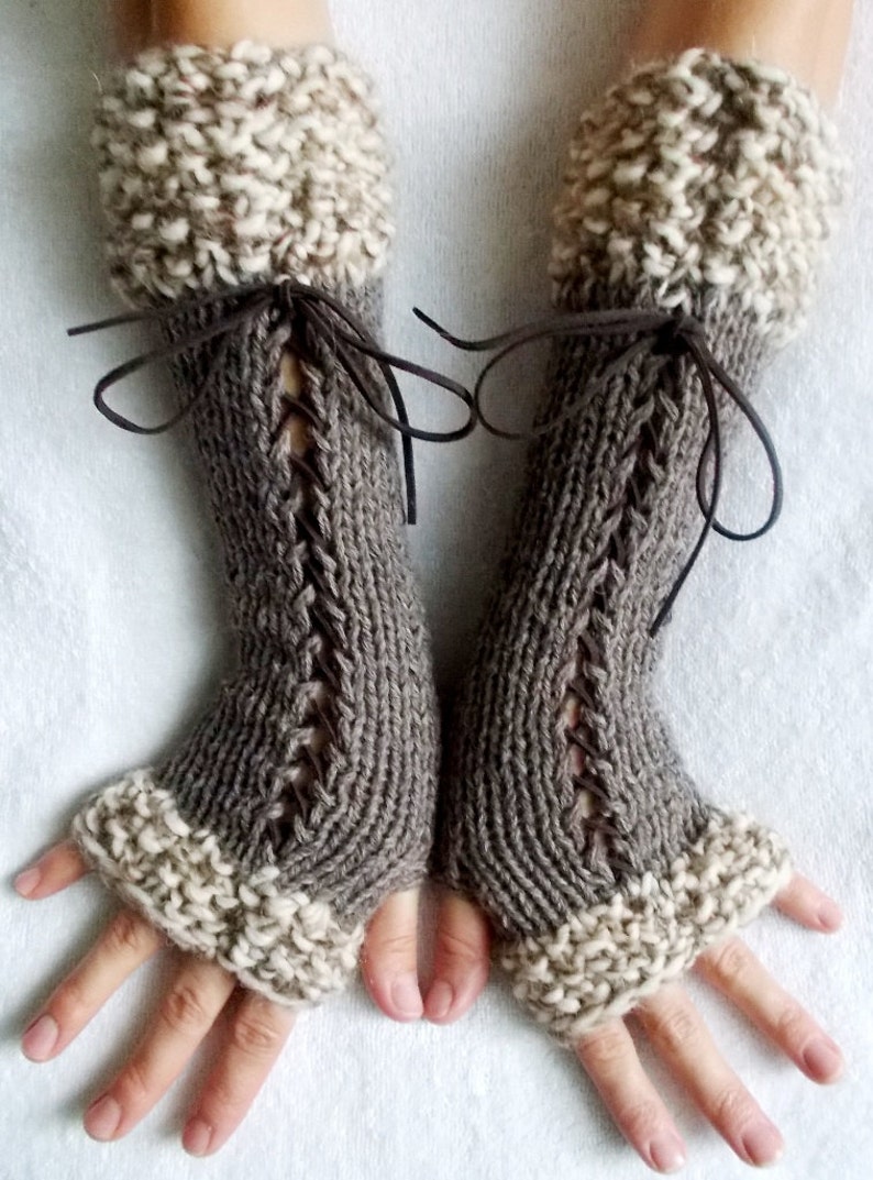 Knit Fingerless Gloves Long Wrist Warmers Taupe/ Brown Corset with Suede Ribbons Victorian Style image 1