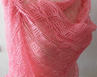 Linen Scarf Lace Shawl Knitted Natural Summer Wrap in Pink