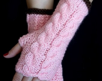 Fingerless Gloves Cabled  Warm  Wrist Warmers Light Pink Brown Women Fingerless  Mittens