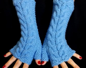 Handknitted Women Fingerless Gloves Blue Cabled Wrist/  Arm Warmers Soft Warm Winter Accessory