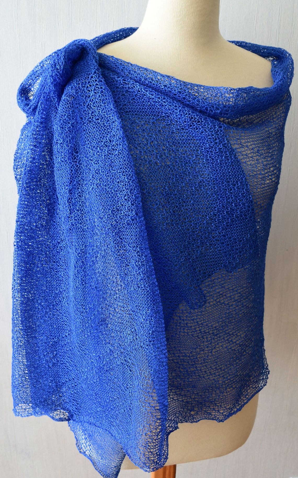 Cobalt Blue Linen Shawl Blue Knitted Natural Summer Scarf Etsy