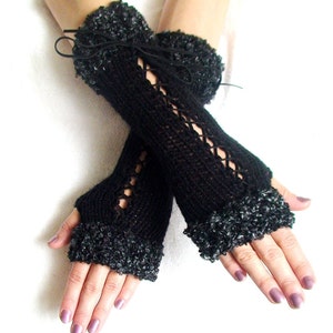 Fingerless Gloves Corset Wrist Warmers in Black with Suede Ribbons and Dark Grey Boucle Edges Victorian Style image 3