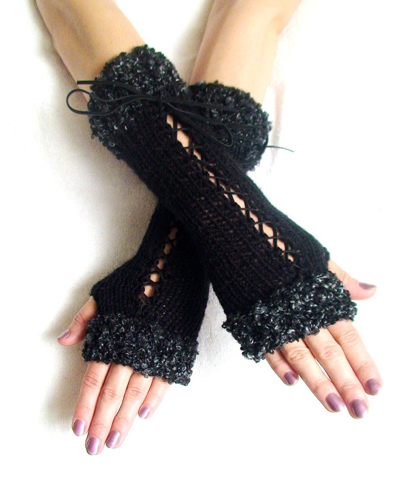 Fingerless Gloves Corset Wrist Warmers in Black with Suede Ribbons and Dark Grey Boucle Edges Victorian Style image 3