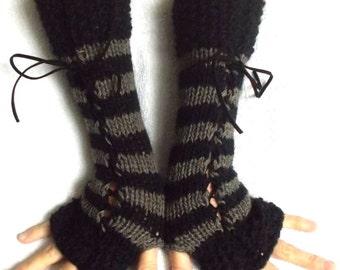 Fingerless Gloves Women Long Corset  Wrist Warmers Black Taupe Brown with Suede Ribbons Victorian Style Hand Knit