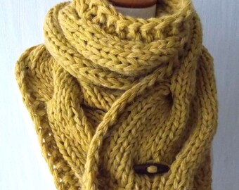 Chunky Scarf Big Cabled Mustard Yellow Golden Cowl Hand Knitted