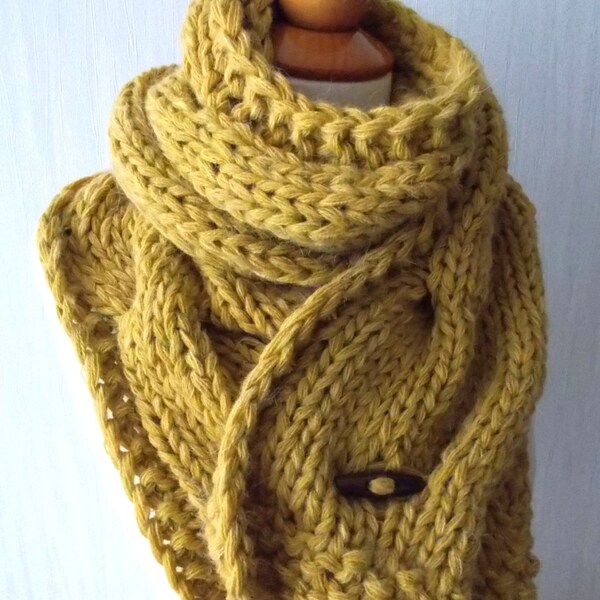 Chunky Scarf Big Cabled Mustard Yellow Golden Cowl Hand Knitted