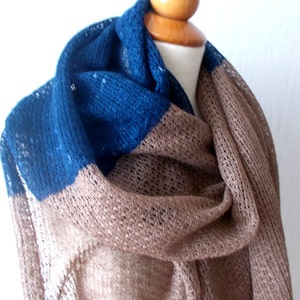 Linen Shawl Blue Brown Knitted Natural Summer Beach Wrap image 4