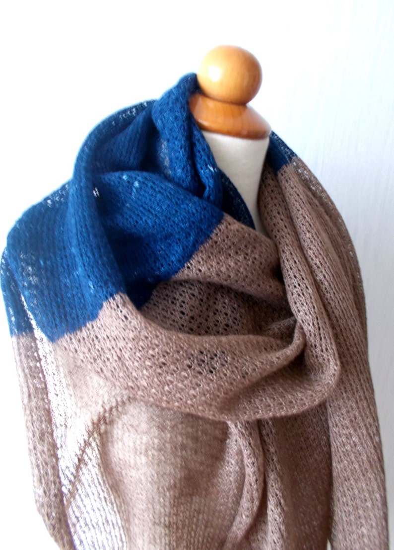 Linen Shawl Blue Brown Knitted Natural Summer Beach Wrap image 4