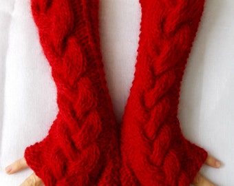 Fingerless Gloves/ Arm Warmers Red  Cabled Hand Knitted Soft and warm women winter accessory