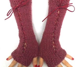 Fingerless Gloves Long Knit Wrist Warmers Pale Burgundy Corset  Gloves with Suede Ribbons Victorian Style