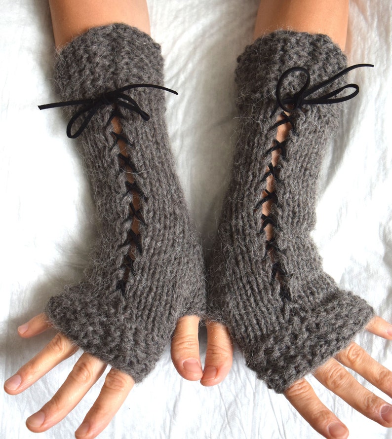 Popular right now Knit Fingerless Gloves Wrist Warmers Taupe/ Greyish Brown Corset with Suede Ribbons Victorian Style image 2