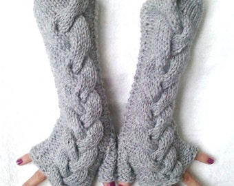 Light Grey Fingerless Gloves  Cabled  Arm Warmers, Extra Soft and Long made of Acrylic
