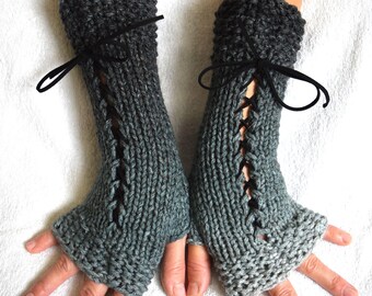 Gift for Her Knit  Fingerless Gloves Grey Shades Corset  Wrist Warmers for Women Victorian Style